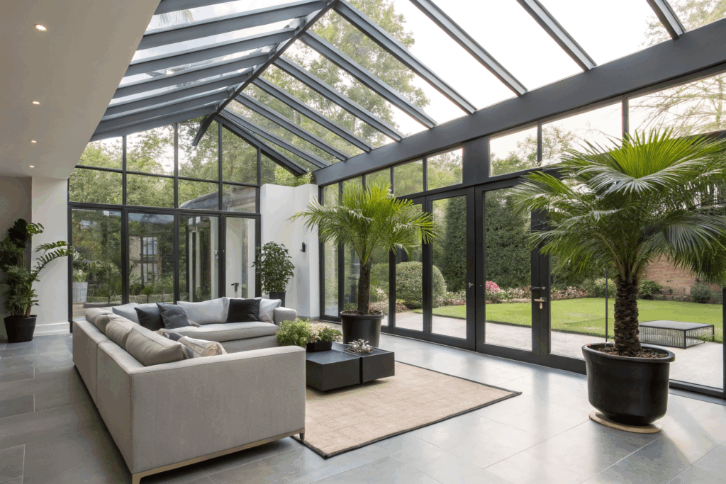 Un jardin-d'hiver-serre avec une structure noire