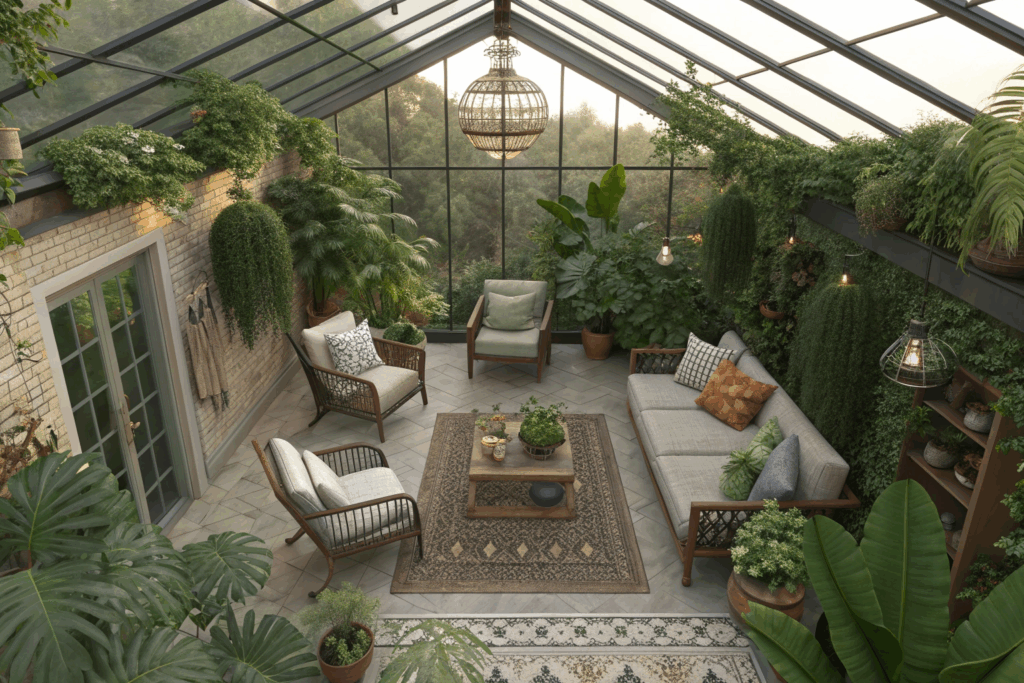 Un jardin-d'hiver-serre vu depuis le haut de la structure