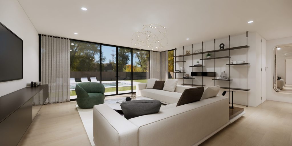 Salon imaginé et réalisé par Scilla AD pour une villa située à Mies