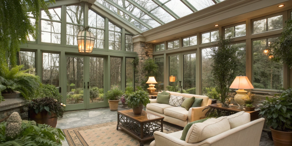 Un jardin-d'hiver-serre avec une structure verte