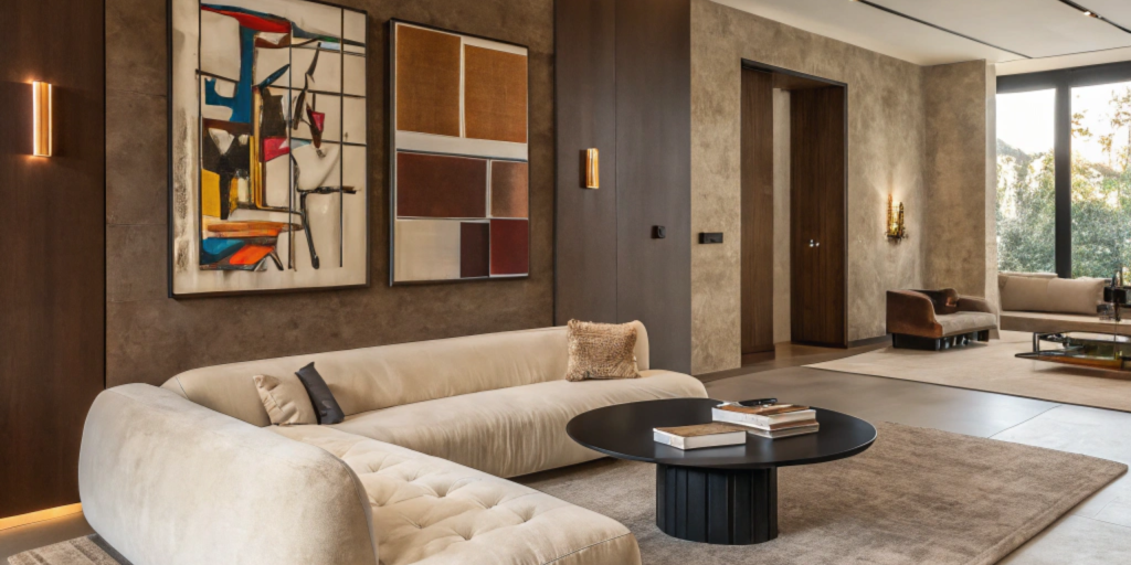 un salon moderne avec des teintes au mur de la couleur mocha et un canapé à angle beige avec une table ronde en noir