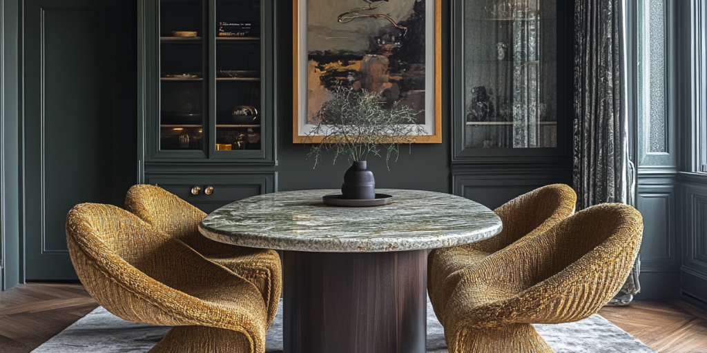 a dining room with a mix of contemporary and vintage pieces