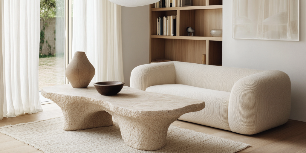 un salon minimaliste avec une table en travertin et un canapé clair